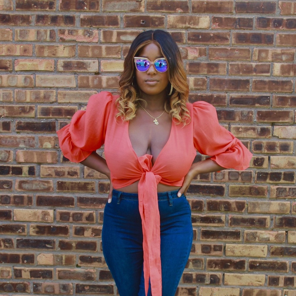Orange Puff Sleeve Wrap Top
